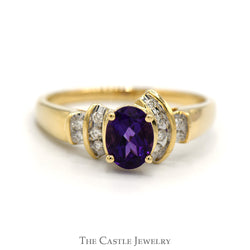 Oval Amethyst Ring with Channel Set Diamond Accents in 14k Yellow Gold Vintage Mounting
