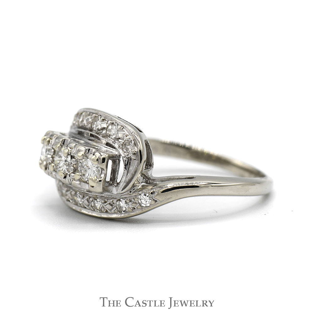 Antique Style 1/2cttw Three Stone Diamond Ring with Diamond Accents in 14k White Gold Bypass Design