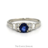 Round Sapphire Ring with Baguette and Round Diamond Accented Sides in 14k White Gold - Thumbnail 1