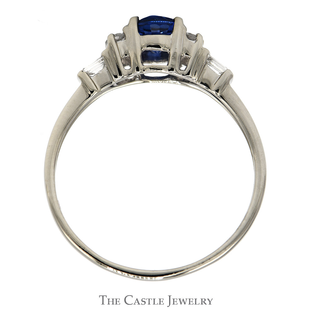 Round Sapphire Ring with Baguette and Round Diamond Accented Sides in 14k White Gold