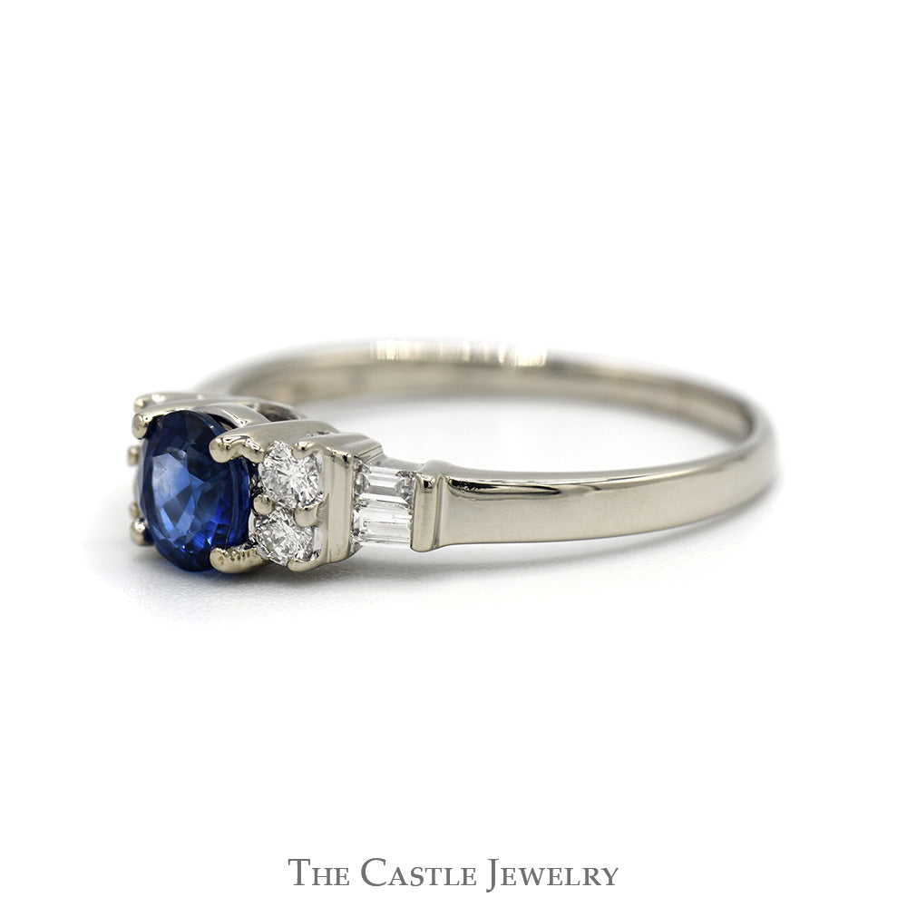 Round Sapphire Ring with Baguette and Round Diamond Accented Sides in 14k White Gold