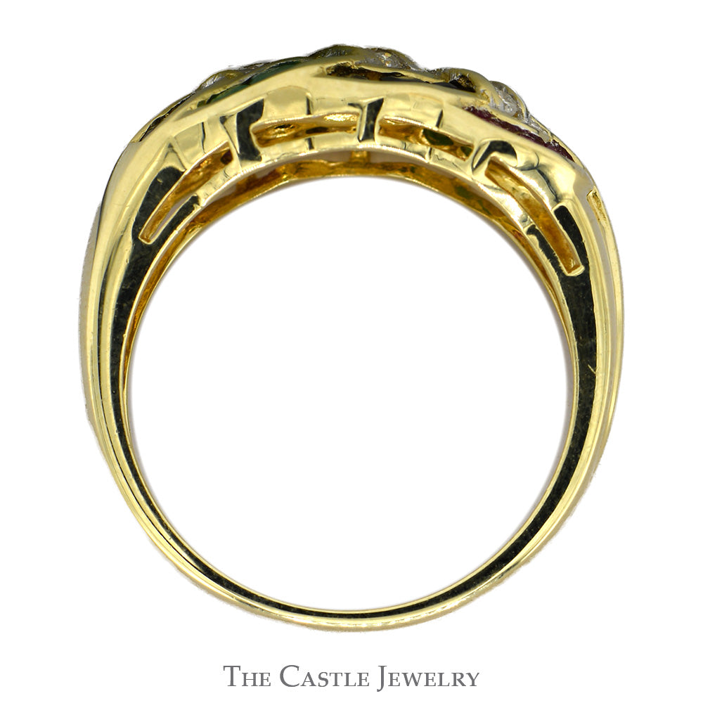 Sapphire Ruby & Emerald Cluster Band with Diamond Accented Interweaving Design in 14k Yellow Gold