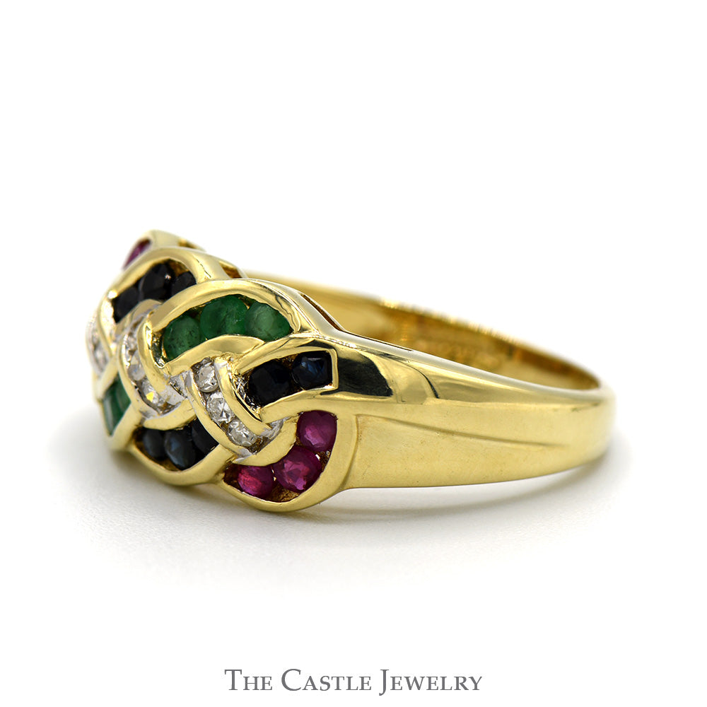 Sapphire Ruby & Emerald Cluster Band with Diamond Accented Interweaving Design in 14k Yellow Gold