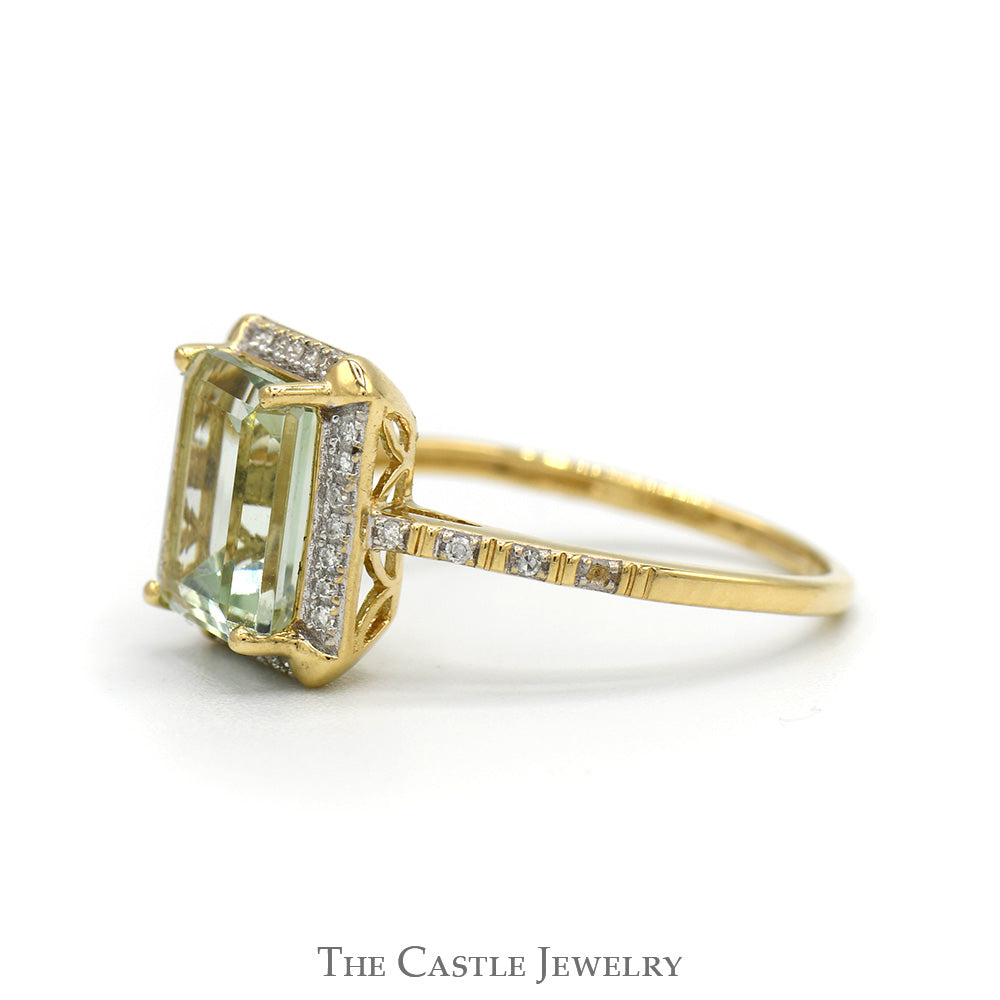 Emerald Cut Green Quartz Ring with Diamond Halo & Accented Sides in 10k Yellow Gold