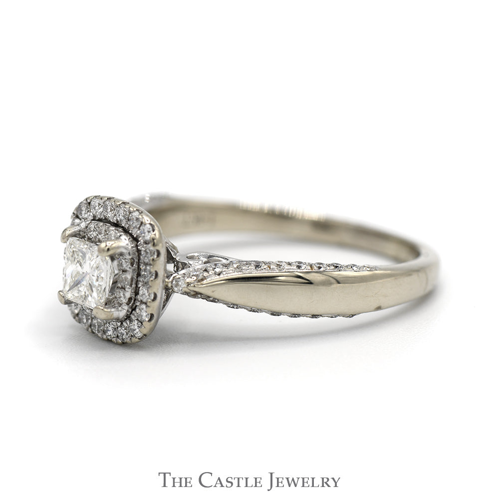 3/4cttw Princess Cut Diamond Engagement Ring with Double Diamond Halo and Accented Sides in 14k White Gold