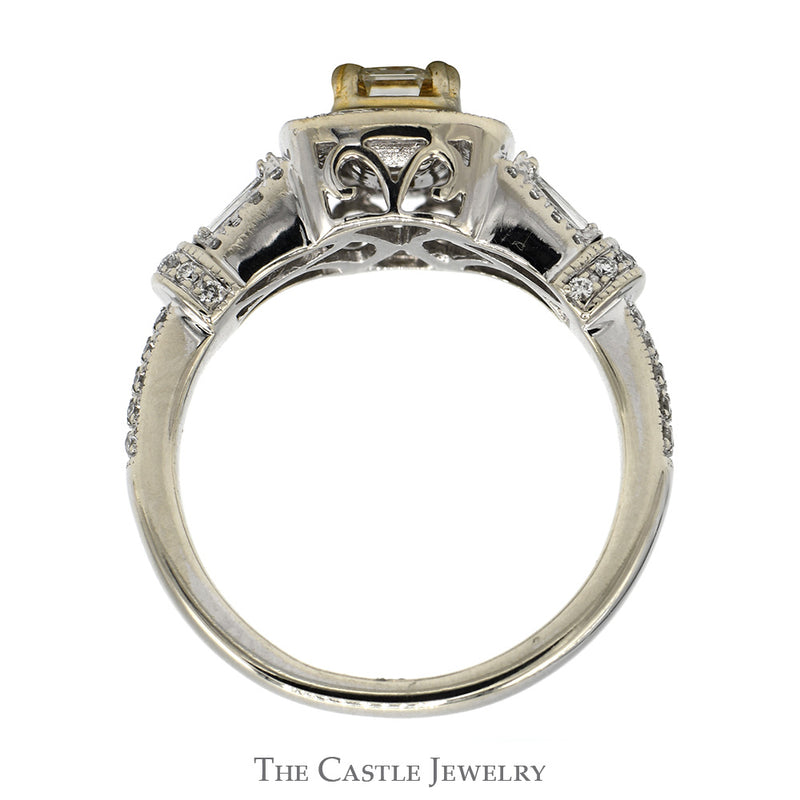 Emerald Cut Diamond Engagement Ring with Diamond Halo and Baguette & Round Diamond Accents in 14k White Gold