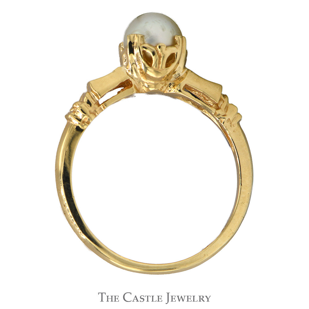 Round Pearl Solitaire Ring in 14k Yellow Gold Vintage Style Mounting