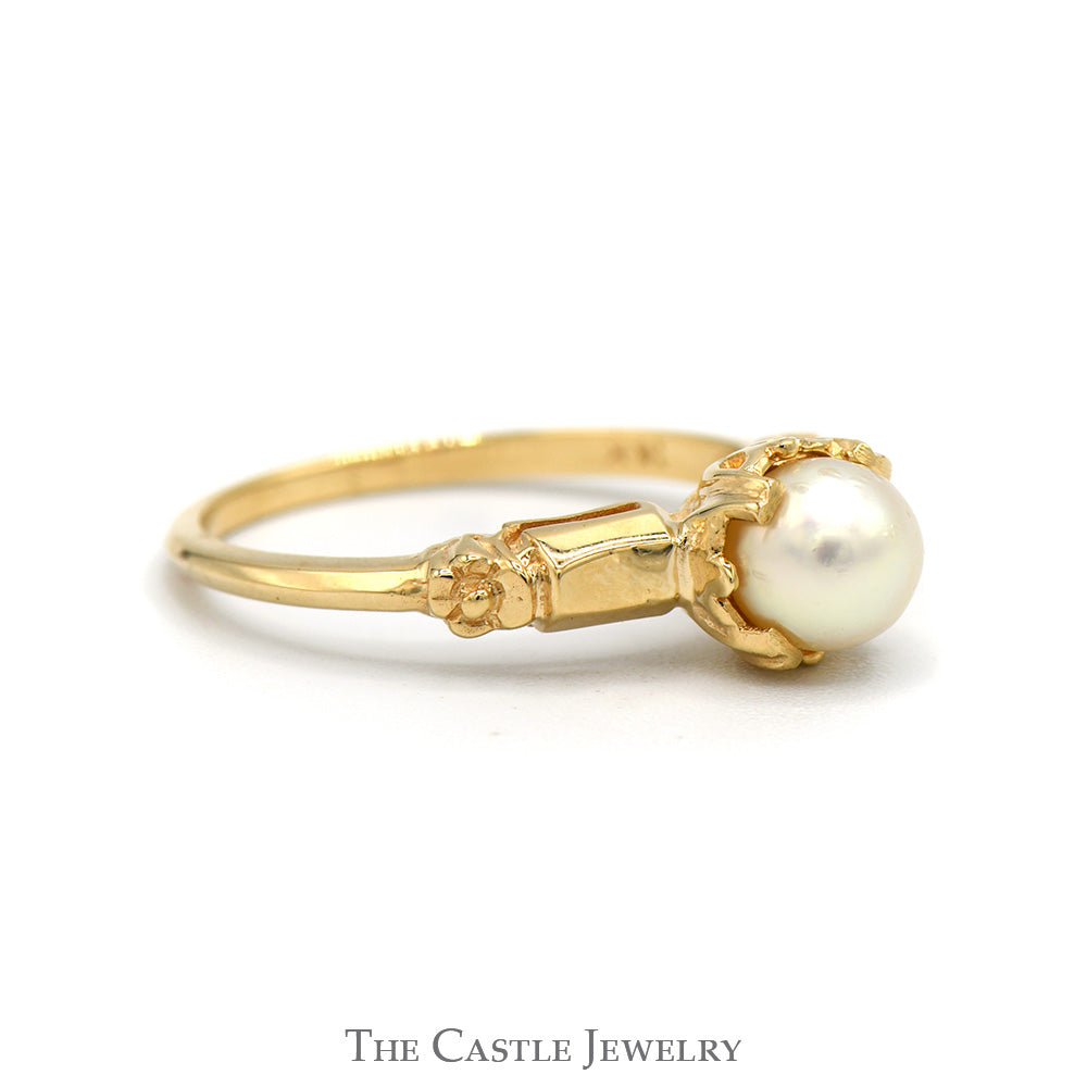 Round Pearl Solitaire Ring in 14k Yellow Gold Vintage Style Mounting