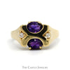 Double Oval Amethyst Ring with Diamond Accents in 14k Yellow Gold "X" Design - Thumbnail 1