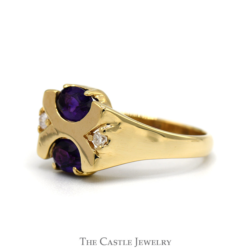 Double Oval Amethyst Ring with Diamond Accents in 14k Yellow Gold "X" Design