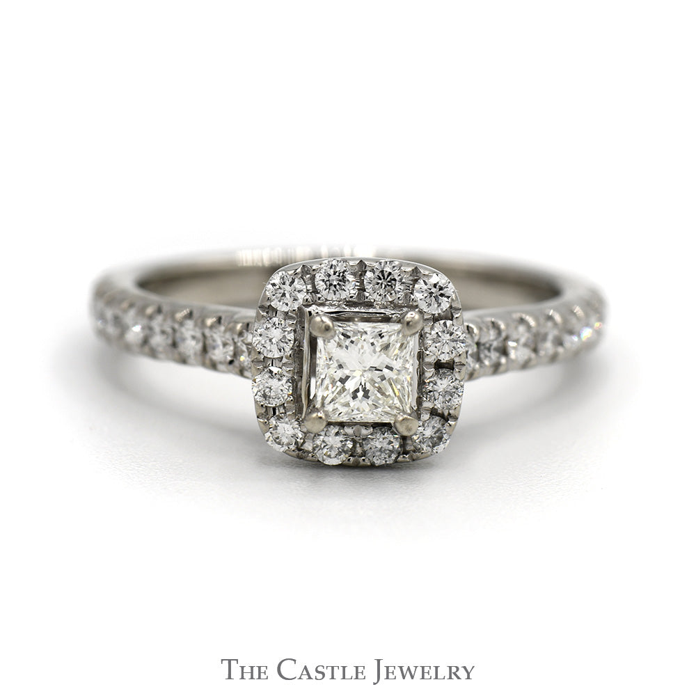 Princess Cut Diamond Engagement Ring with Diamond Halo and Accented Sides in 14k White Gold