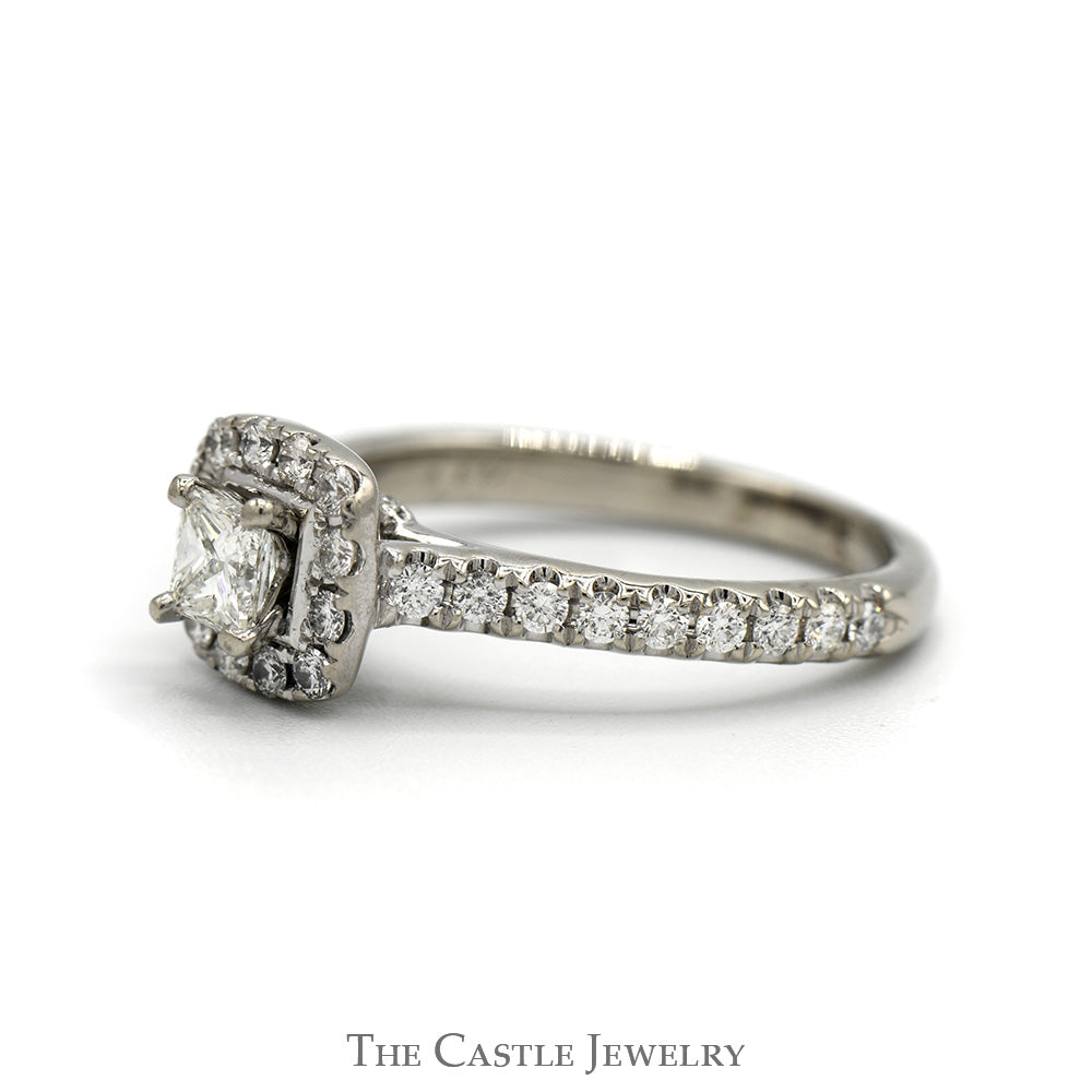 Princess Cut Diamond Engagement Ring with Diamond Halo and Accented Sides in 14k White Gold