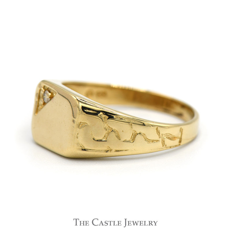 Diamond Accented Signet Ring with Nugget Sides in 14k Yellow Gold