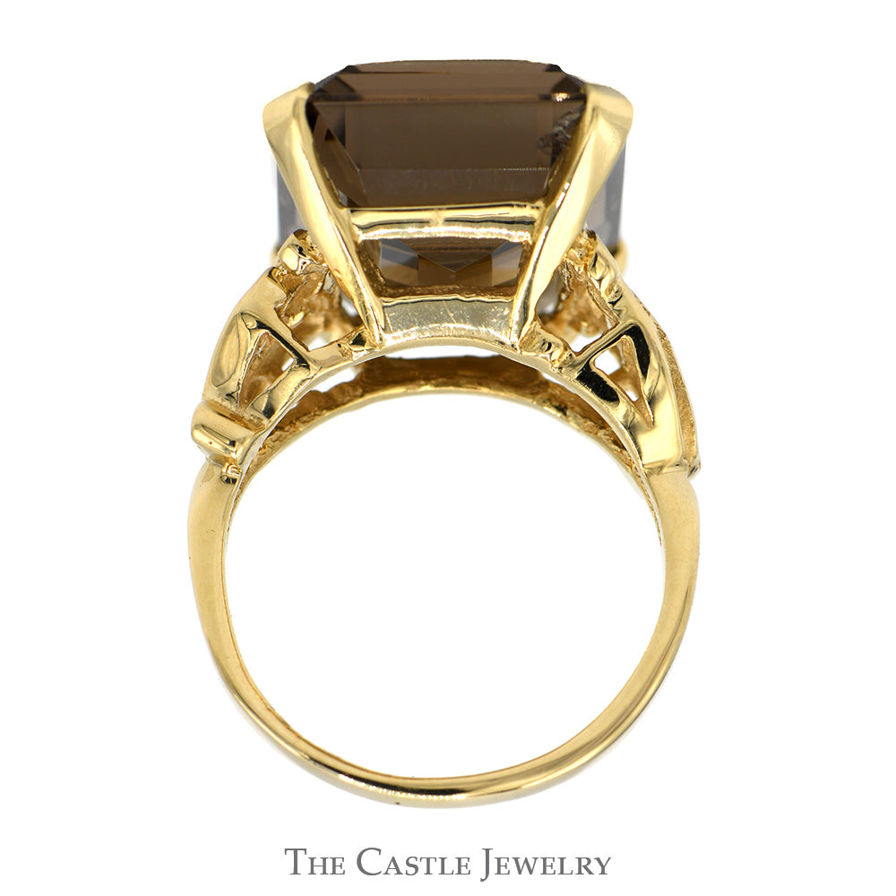 Emerald Cut Smokey Quartz Ring with Open Leaf Sides in 14k Yellow Gold