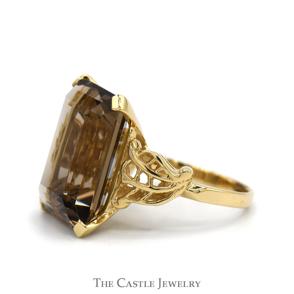 Emerald Cut Smokey Quartz Ring with Open Leaf Sides in 14k Yellow Gold