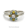 White, Yellow & Blue Diamond Flower Cluster Soldered Bridal Set in 14k White Gold - Thumbnail 1