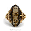 Elongated Oval Smokey Quartz Solitaire with Rose Designed Sides in 10k Yellow Gold - Thumbnail 1