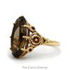 Elongated Oval Smokey Quartz Solitaire with Rose Designed Sides in 10k Yellow Gold - Thumbnail 3