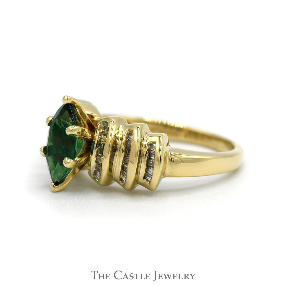 Marquise Cut Emerald Ring with Baguette Cut Diamond Accents in 10k Yellow Gold