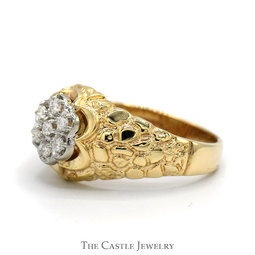 Round 7 Diamond Cluster Ring in 14k Yellow Gold Nugget Style Mounting