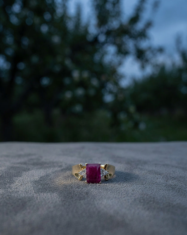 Emerald Cut Ruby Ring with Diamond Accented Sides in 14k Yellow Gold