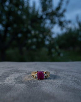 Emerald Cut Ruby Ring with Diamond Accented Sides in 14k Yellow Gold