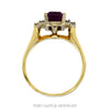 Front-facing view of the emerald cut ruby ring with trios of round diamonds in 14k yellow gold - Thumbnail 3