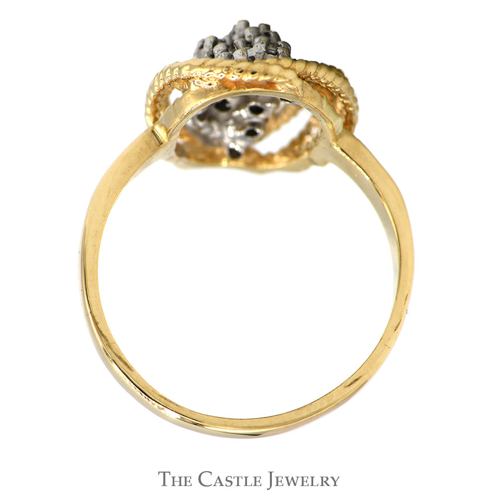 Waterfall Diamond Cluster Ring with Rope Designed Bezel in 14k Yellow Gold