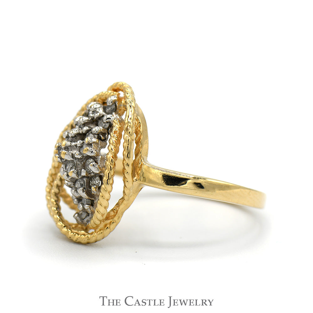 Waterfall Diamond Cluster Ring with Rope Designed Bezel in 14k Yellow Gold