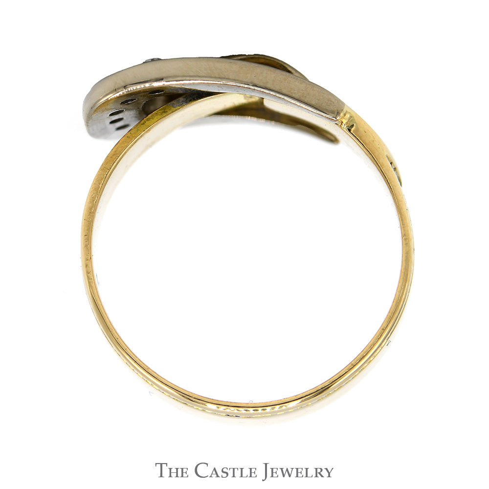 Two Toned Buckle Designed Ring with Diamond Accents in 14k Yellow & White Gold