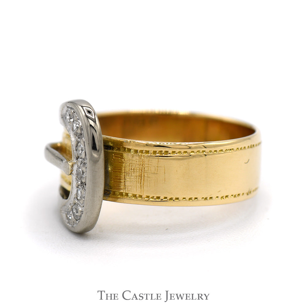 Two Toned Buckle Designed Ring with Diamond Accents in 14k Yellow & White Gold