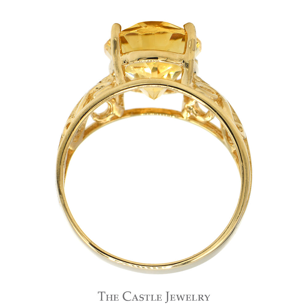 Oval Citrine Solitaire Ring with Open Scroll Designed Sides in 10k Yellow Gold