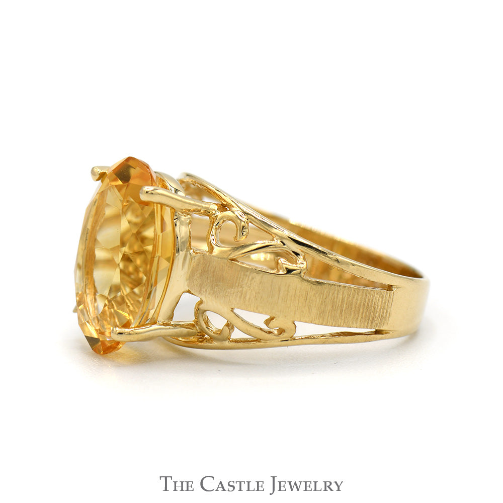 Oval Citrine Solitaire Ring with Open Scroll Designed Sides in 10k Yellow Gold