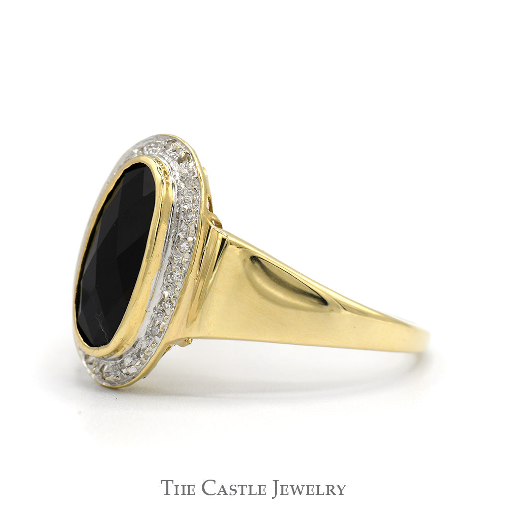 Oblong Oval Cut Black Onyx Shield Ring with Diamond Halo in 10k Yellow Gold