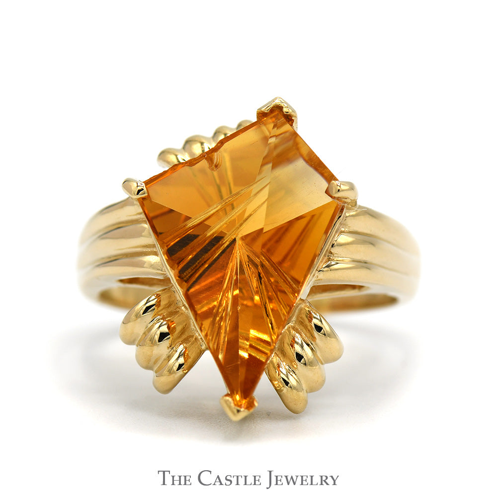 Unique Kite Cut Citrine Ring in 10k Yellow Gold Ridged Mounting
