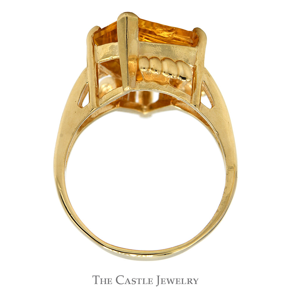 Unique Kite Cut Citrine Ring in 10k Yellow Gold Ridged Mounting