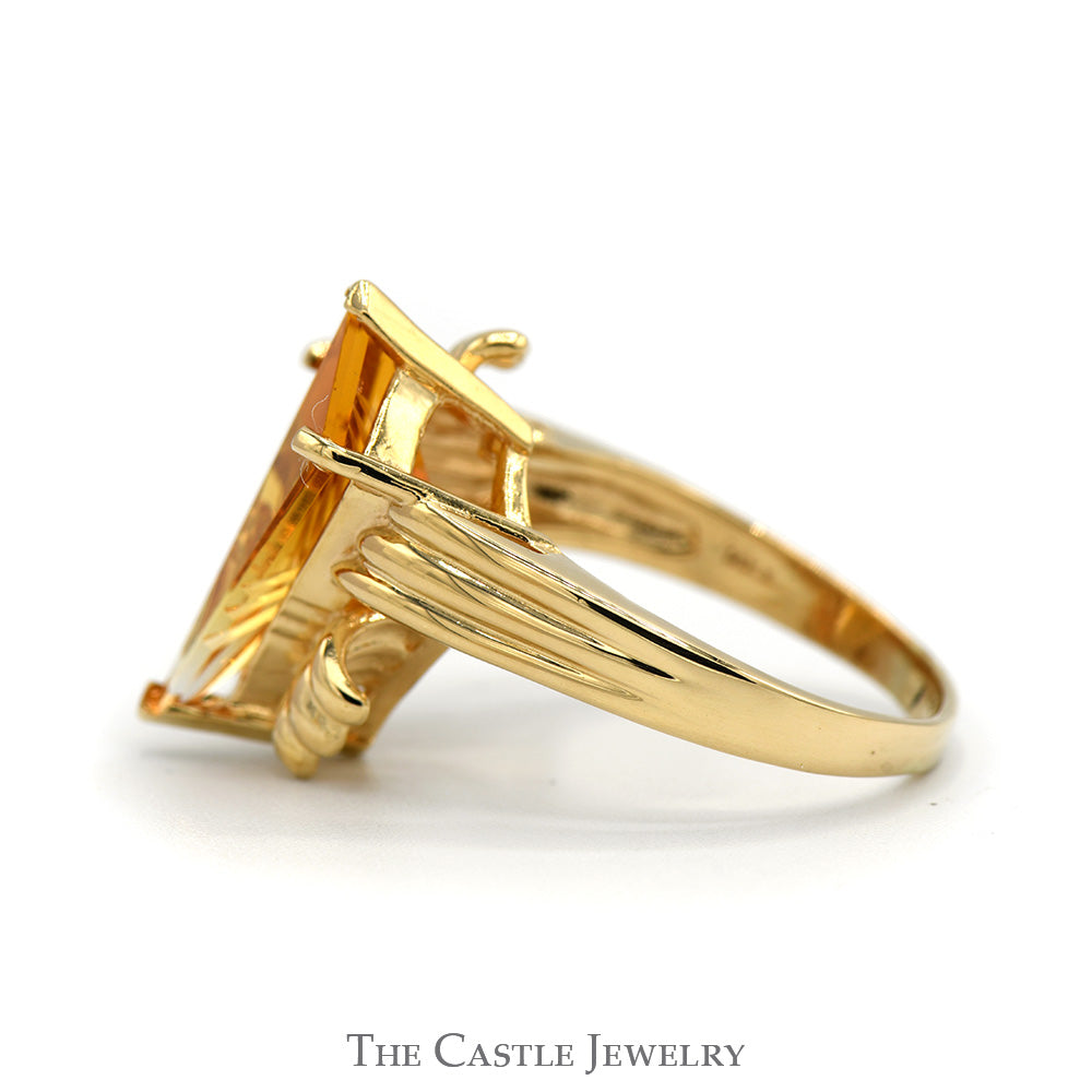 Unique Kite Cut Citrine Ring in 10k Yellow Gold Ridged Mounting