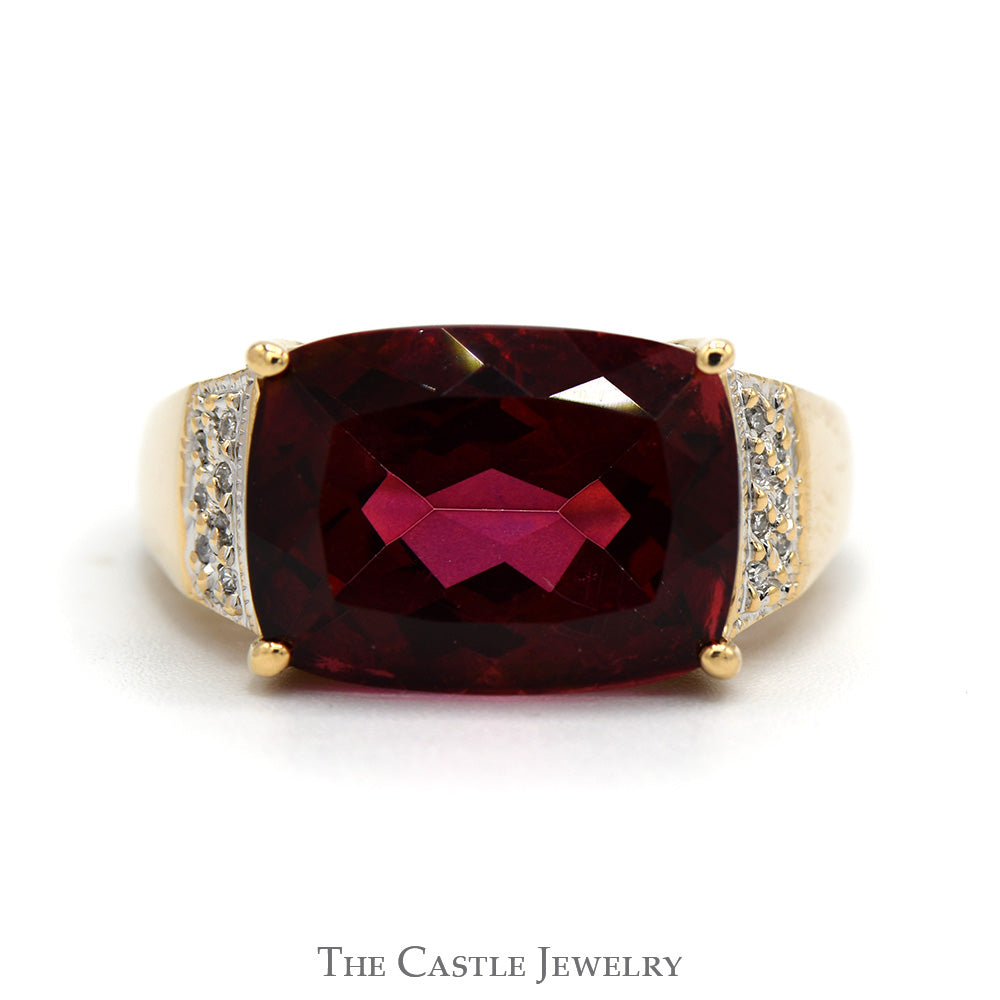 Elongated Cushion Cut Ruby Ring with Diamond Accented Sides in 10k Yellow Gold