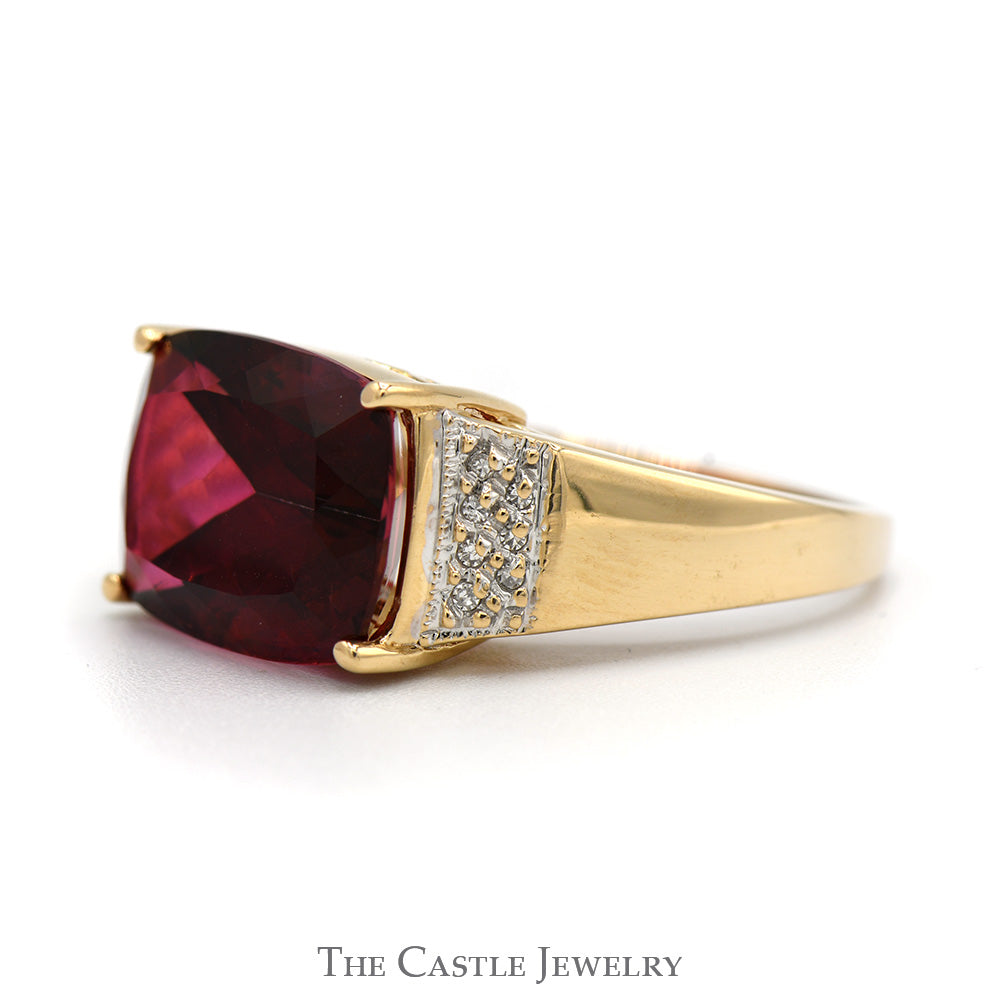 Elongated Cushion Cut Ruby Ring with Diamond Accented Sides in 10k Yellow Gold