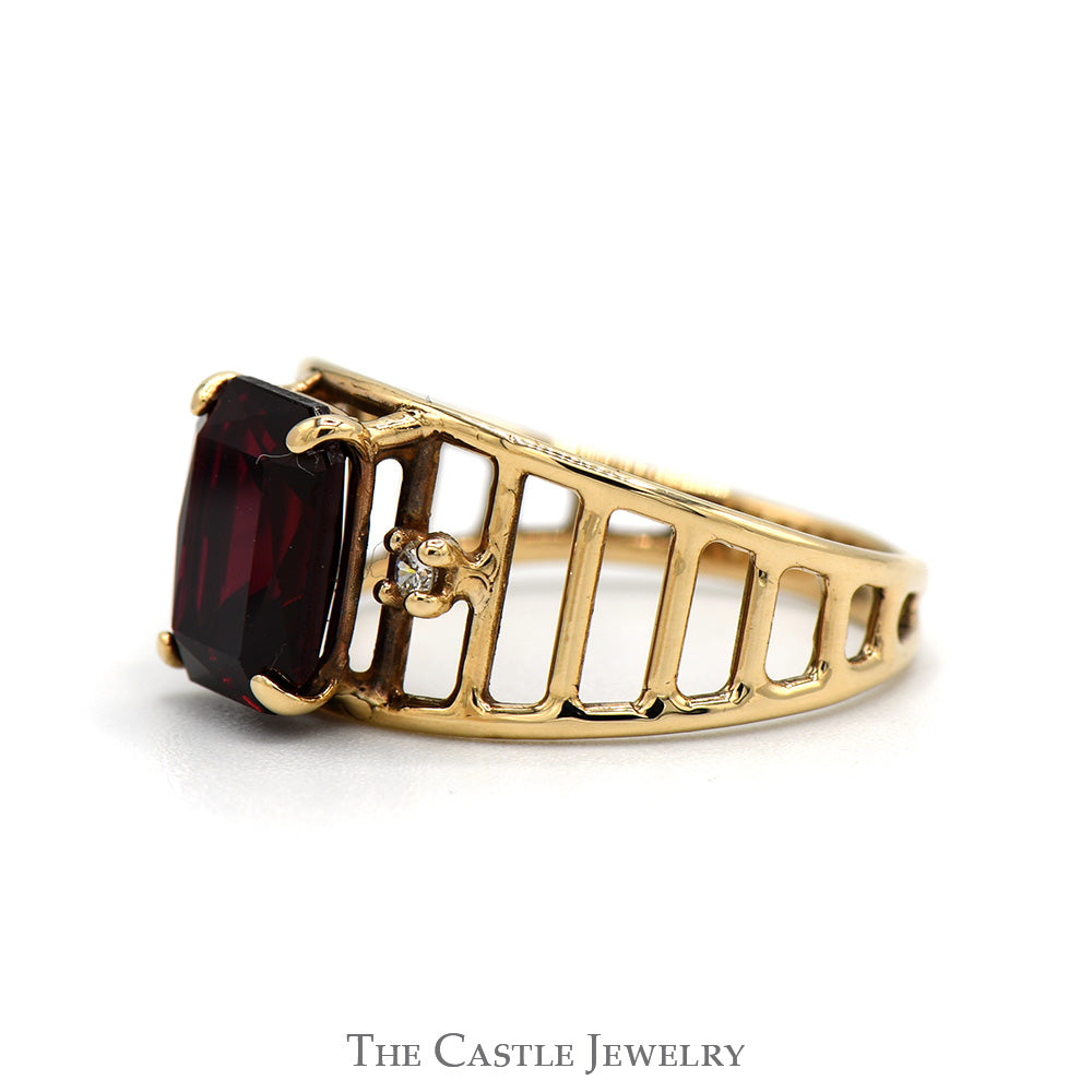 Emerald Cut Ruby Ring with Diamond Accented Sides in 10k Yellow Gold Open Slotted Mounting