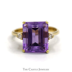 Emerald Cut Amethyst Ring with Diamond Accented Sides in 10k Yellow Gold