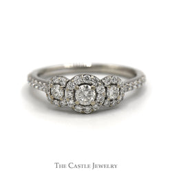 Three Stone Diamond Ring with Diamond Halo and Accented Sides in 14k White Gold