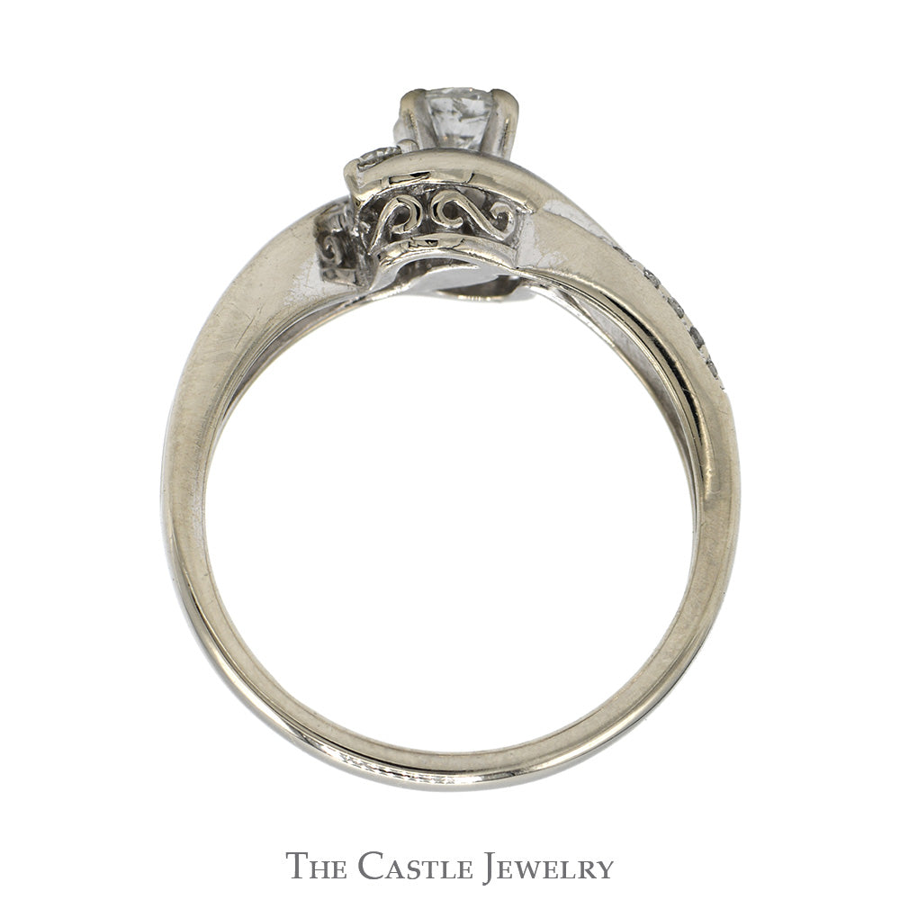 1/2cttw Three Stone Engagement Ring with Diamond Accents in 14k White Gold Bypass Mounting