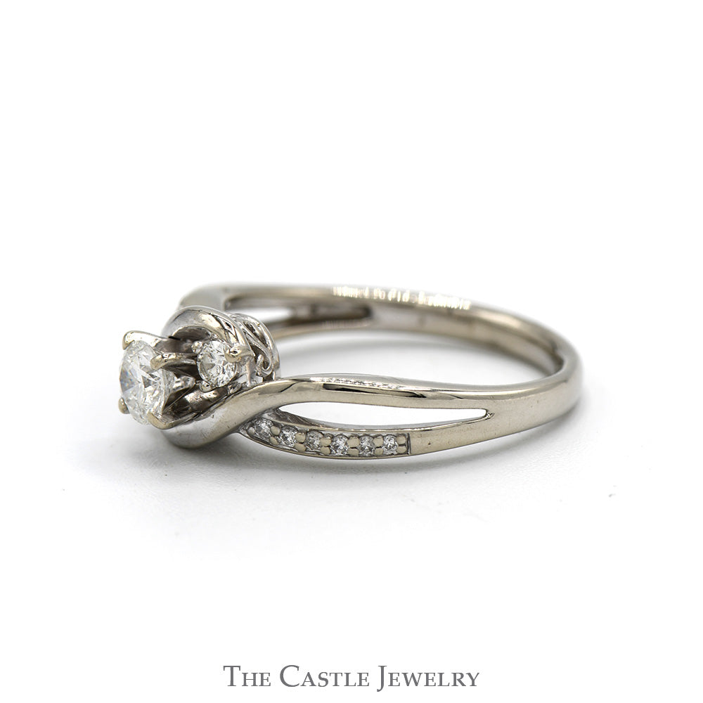 1/2cttw Three Stone Engagement Ring with Diamond Accents in 14k White Gold Bypass Mounting