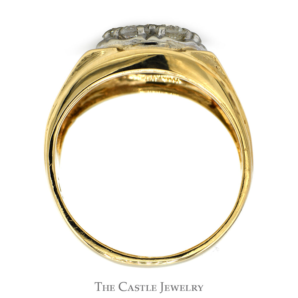 1cttw Round Diamond Cluster Men's Ring with Brushed Textured Sides in 14k Yellow Gold