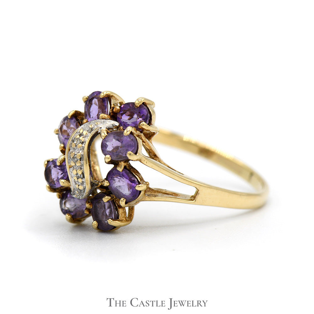 Oval Amethyst Cluster Ring with Illusion Set Diamond Accents in 10k Yellow Gold