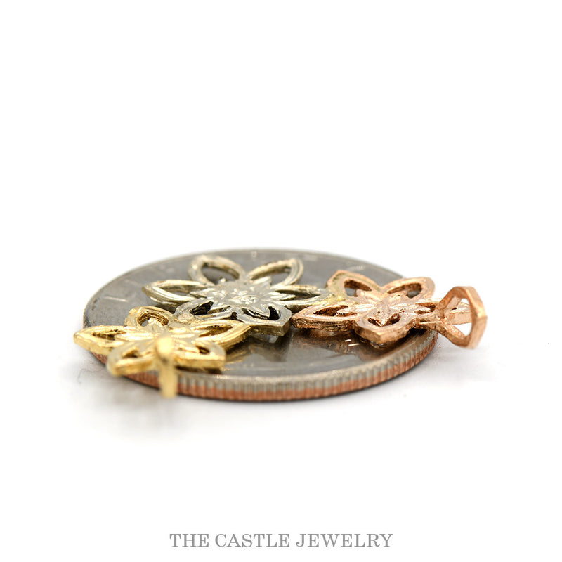 Tri-Gold Open Flower Designed Slide Pendant in 14k Yellow, White & Rose Gold