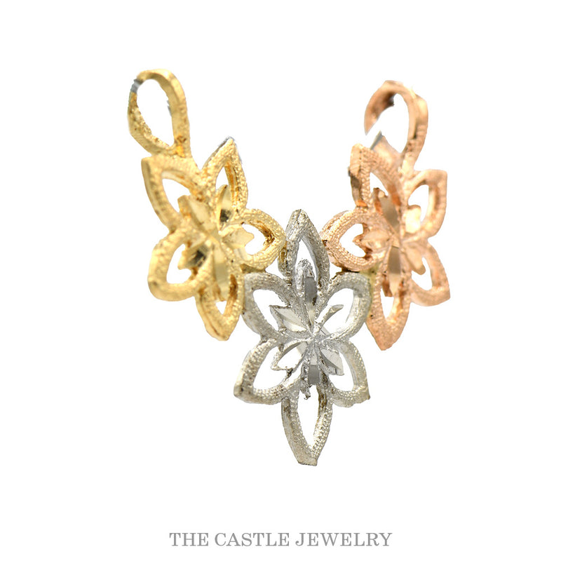 Tri-Gold Open Flower Designed Slide Pendant in 14k Yellow, White & Rose Gold