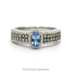 Oval Blue Topaz Ring with Halo & Cocoa Diamond Accented Sides in 14k White Gold