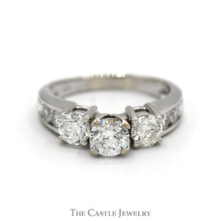 Three Stone Diamond Engagement Ring with Channel Set Diamond Accented Sides 14k White Gold